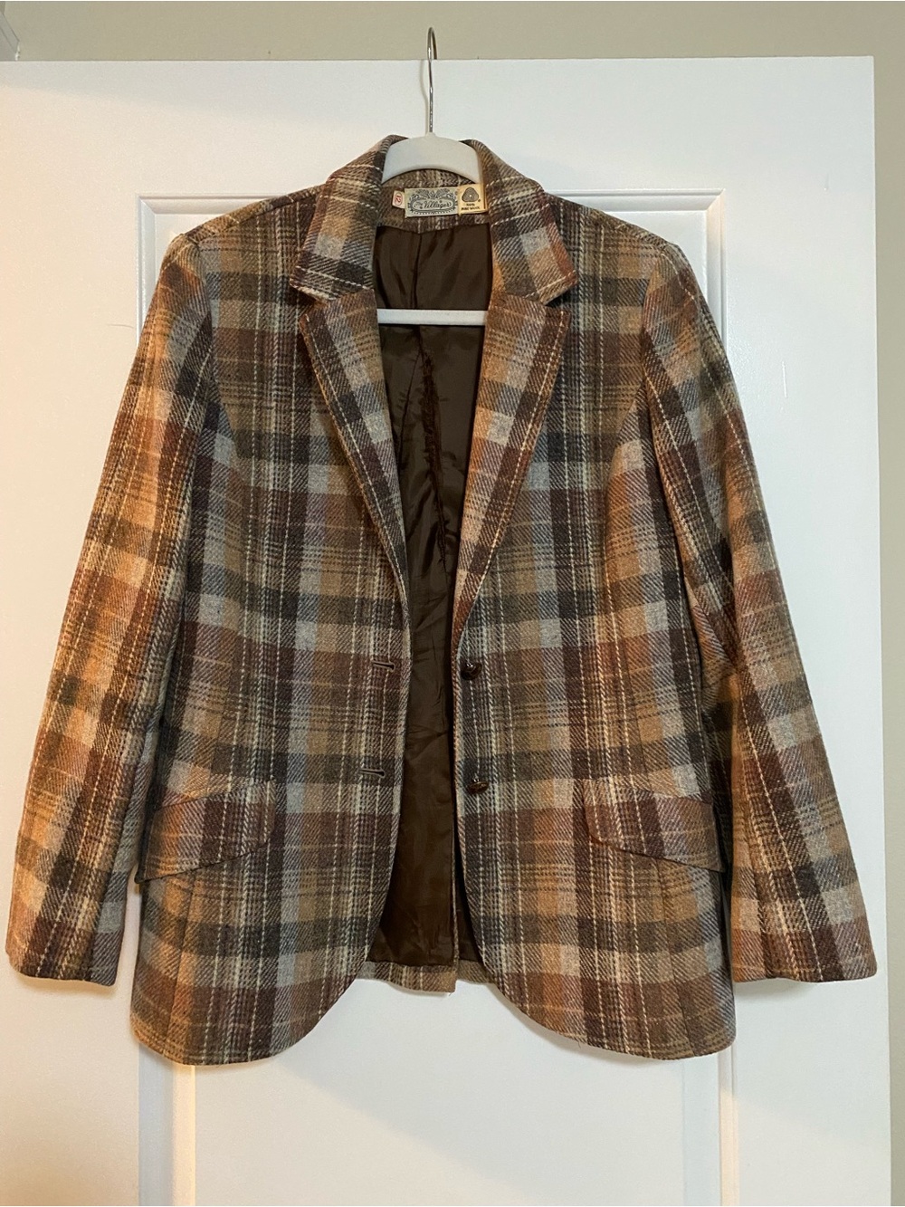 Vintage 100% Wool Brown Plaid Blazer The Villager Sz 12 19PTP 28L See Desc
